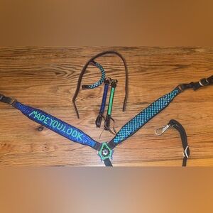 Source Unknown Blue and Green Beaded Horse Tack Set